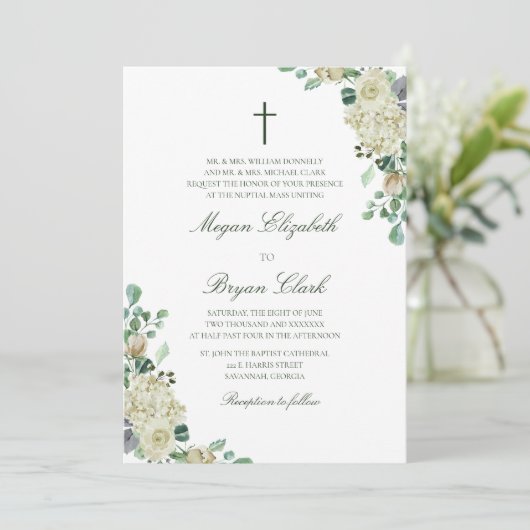 Megan Bloemenaquarel Katholieke Bruiloft Kaart (Staand voorkant)