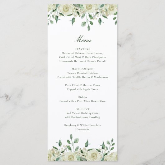 Megan Elegant White Flowers Greenery Wedding Menu (Voorkant)