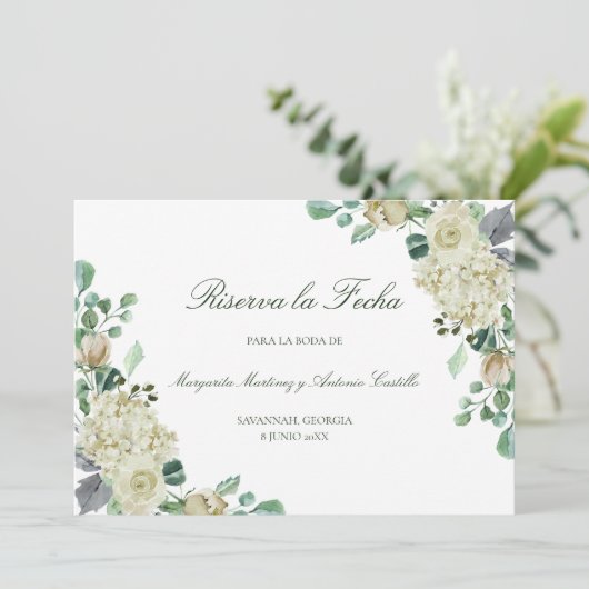 Megan Elegante Flores Blancas Riserva la Fecha Save The Date (Staand voorkant)