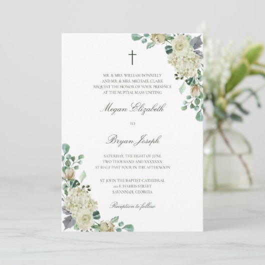 Megan Floral Waterverf Cross-katholieke bruiloft Kaart (Staand voorkant)