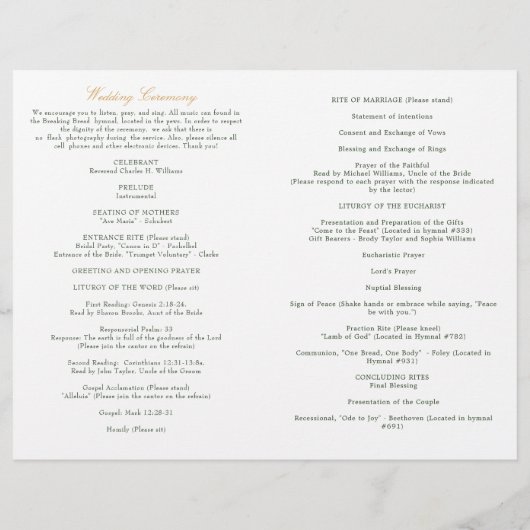 Megan Gold katholieke Wedding Mass Ceremony Progra (Achterkant)