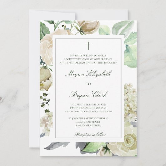 Megan Katholieke Floral Waterverf Greenery Wedding Kaart (Voorkant)