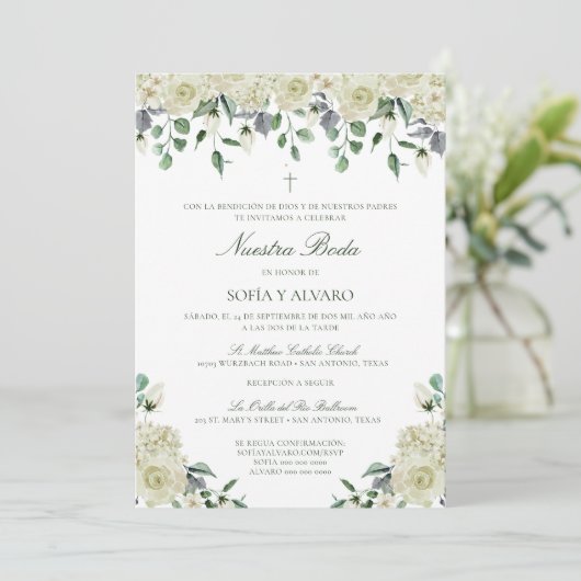 Megan Nuestra Boda Catolica Wedding Invitation Kaart (Staand voorkant)