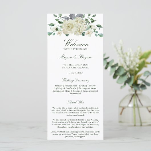 Megan White Floral Greenery Wedding Programme (Staand voorkant)