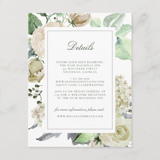 Megan White Roses Greenery Wedding Guest Details Informatiekaartje (Voorkant)