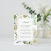 Megan White Roses Greenery Wedding Guest Details Informatiekaartje (Staand voorkant)