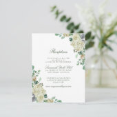 Megan White Roses Greenery Wedding Reception Informatiekaartje (Staand voorkant)