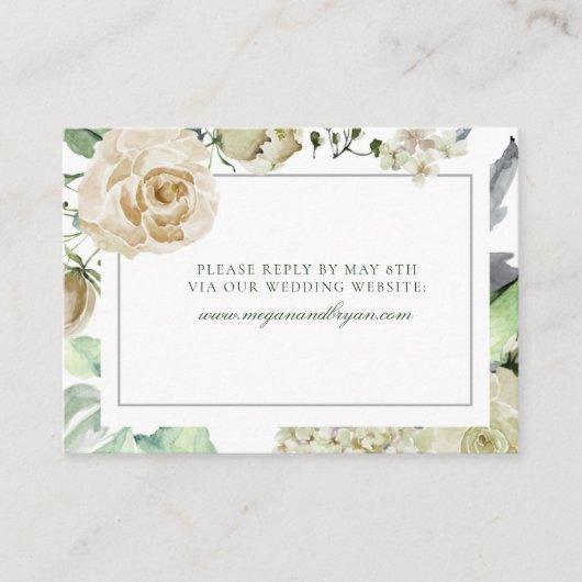 Megan White Roses Greenery Wedding Website RSVP Informatiekaartje (Voorkant)