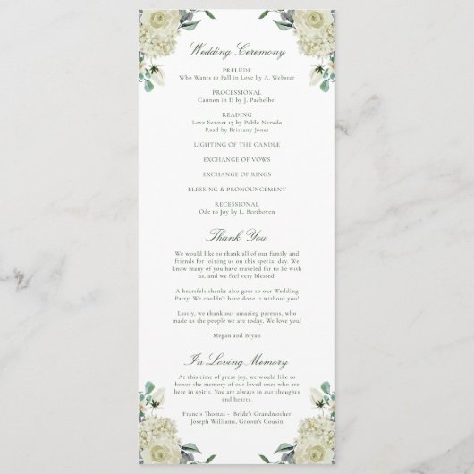 Megan Witte Bloemen Elegante Huwelijksceremonie Programmakaart (Achterkant)