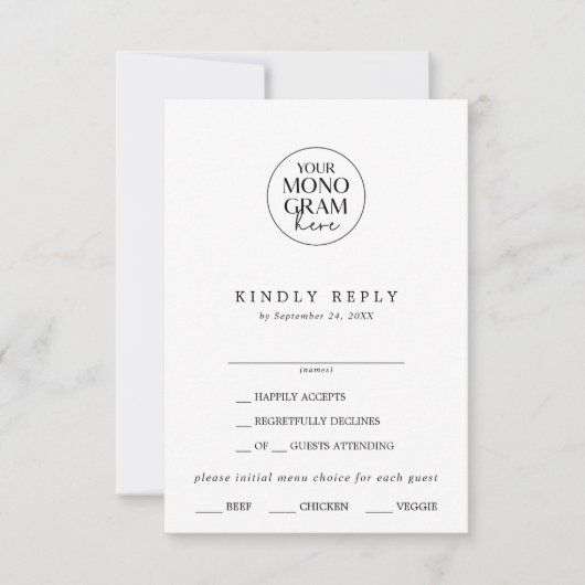 MEGHAN Monogram Boho Zwart Wit Huwelijk RSVP Kaart (Voorkant)