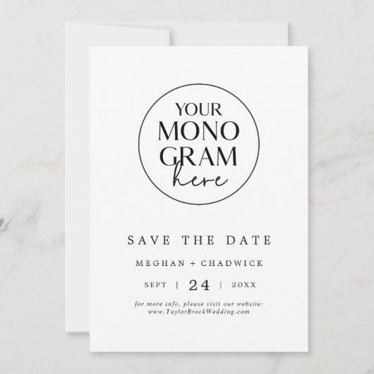 MEGHAN Monogram Zwart Wit Modern Elegant Huwelijk Save The Date (Voorkant)