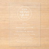 MEGHAN Wit Unieke Eenvoudige Chic Monogram Huwelij Acryl Uitnodigingen (Voorkant)