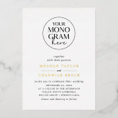 MEGHAN Zwart Wit Gouden Monogram Elegante Trouwdag Folie Uitnodiging (Voorkant)