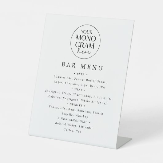 MEGHAN Zwart Wit Monogram Wedding Bar Menu Sign Reclamebord Met Voetstuk (Voorkant)