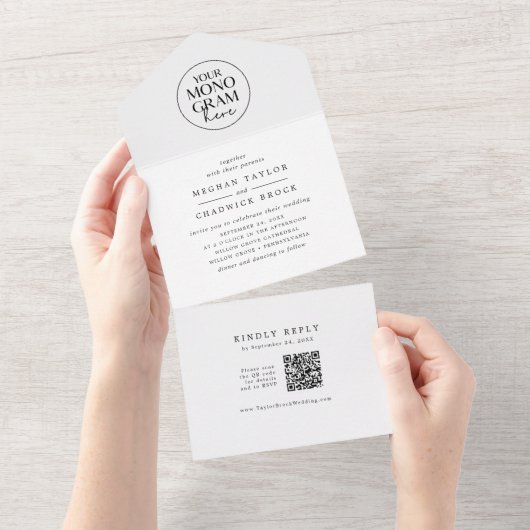 MEGHAN Zwart Wit QR Code Monogram Modern Huwelijk All In One Uitnodiging (Afscheurbaar)