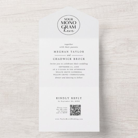 MEGHAN Zwart Wit QR Code Monogram Modern Huwelijk All In One Uitnodiging (Binnen)