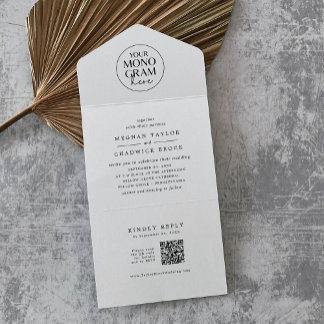 MEGHAN Zwart Wit QR Code Monogram Modern Huwelijk All In One Uitnodiging
