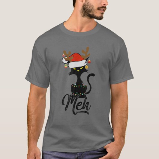 Meh Black Cat Christmas, Funny Anti Christmas Cat T-shirt (Voorkant)