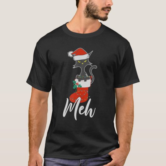 Meh Black Cat kerstlampjes Funny Cat Lover Chr. T-shirt (Voorkant)