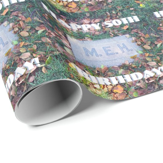 Meh Gravestone Morbid Humor Funny Custom Birthday Cadeaupapier (Rol Hoek)