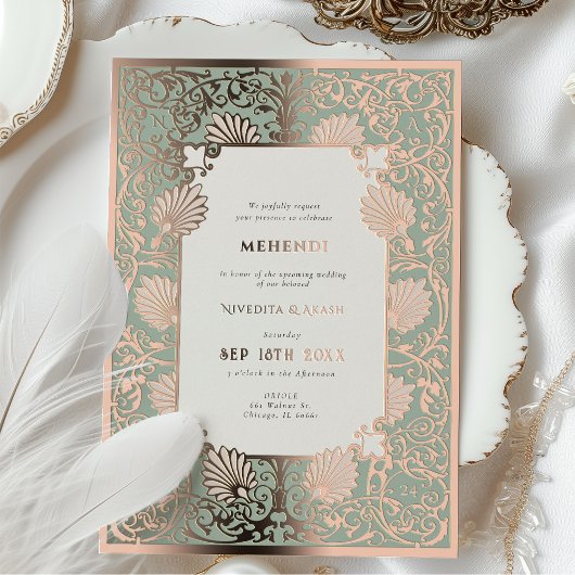 MEHENDI Ceremonie Roos Gouden Folie Accenten Bruil Folie Uitnodiging