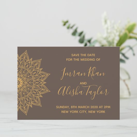 Mehendi Indian Wedding Save the date hamsa Henna (Staand voorkant)