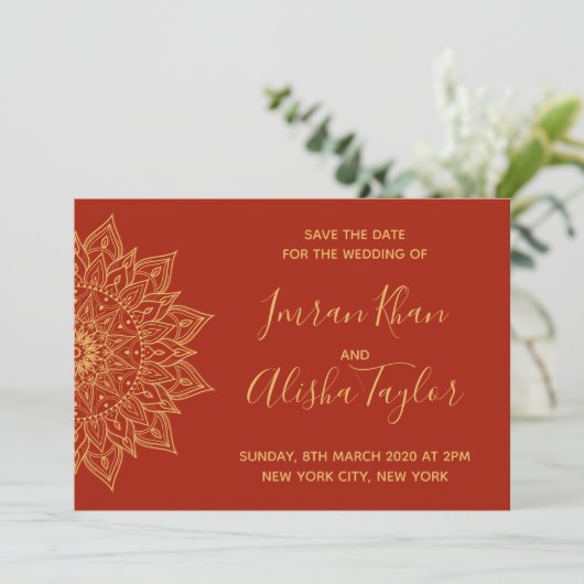 Mehendi Indian Wedding Save the date hamsa Henna (Staand voorkant)