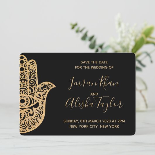Mehendi Indian Wedding Save the date hamsa Henna (Staand voorkant)