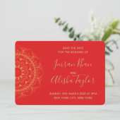 Mehendi Indiase Trouwdag Bewaar de datum hamsa Hen Save The Date (Staand voorkant)