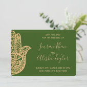 Mehendi Indiase Trouwdag Bewaar de datum hamsa Hen Save The Date (Staand voorkant)
