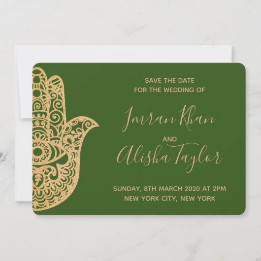 Mehendi Indiase Trouwdag Bewaar de datum hamsa Hen Save The Date (Voorkant)
