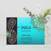 Mehndi blue blauwgroen goudjuwelen paisley kaart (Staand voorkant)