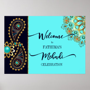 Mehndi blue blauwgroen goudjuwelen paisley welkoms poster