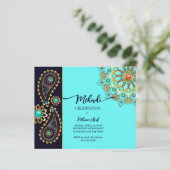 Mehndi blue goudjuwelen paisley budget uitnodiging (Staand voorkant)