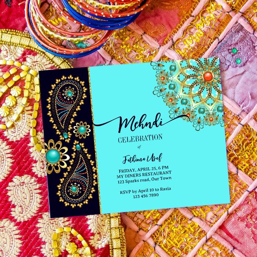 Mehndi blue goudjuwelen paisley budget uitnodiging