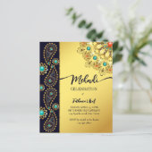 Mehndi blue goudjuwelen paisley budget uitnodiging (Staand voorkant)