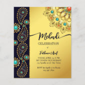 Mehndi blue goudjuwelen paisley budget uitnodiging (Voorkant)