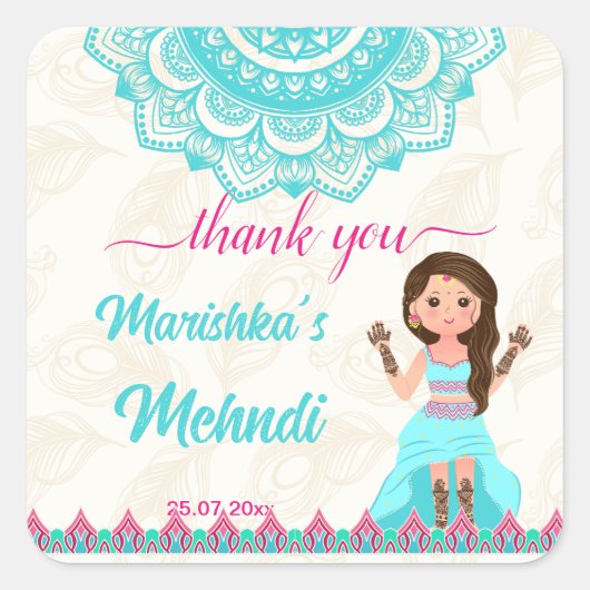 Mehndi-bordbord heet roze en blauw bruin welkom vierkante sticker (Voorkant)