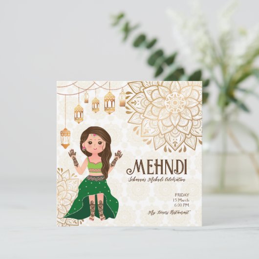 Mehndi budget nodig met schattige Indische hennabr Kaart (Staand voorkant)