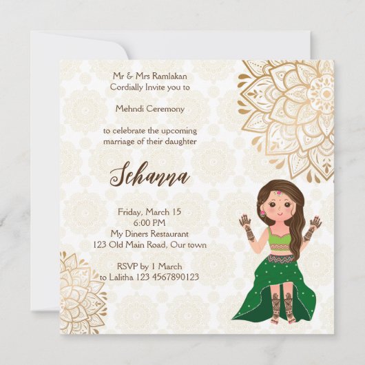 Mehndi budget nodig met schattige Indische hennabr Kaart (Achterkant)