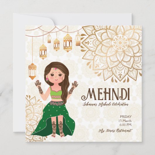 Mehndi budget nodig met schattige Indische hennabr Kaart (Voorkant)