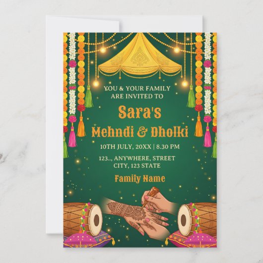 Mehndi & Dholki Nacht Uitnodiging Sjabloon (Voorkant)