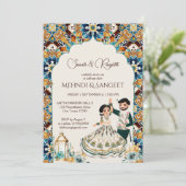 Mehndi en sangeet Indiase bruiloft uitnodiging (Staand voorkant)