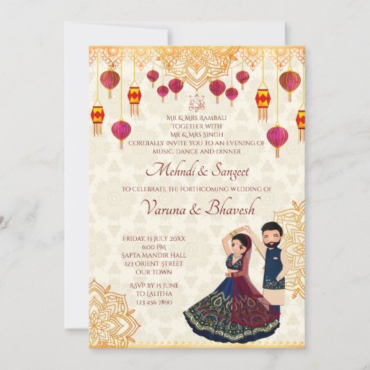 Mehndi en sangeet nodigen leuk Indiaas koppel uit Kaart (Voorkant)