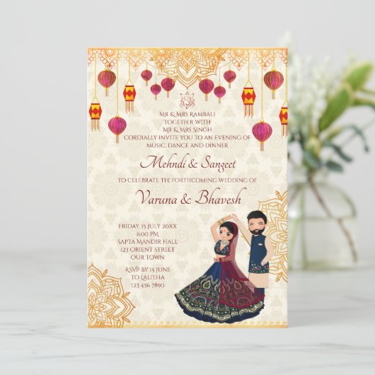 Mehndi en sangeet nodigen leuk Indiaas koppel uit Kaart (Staand voorkant)