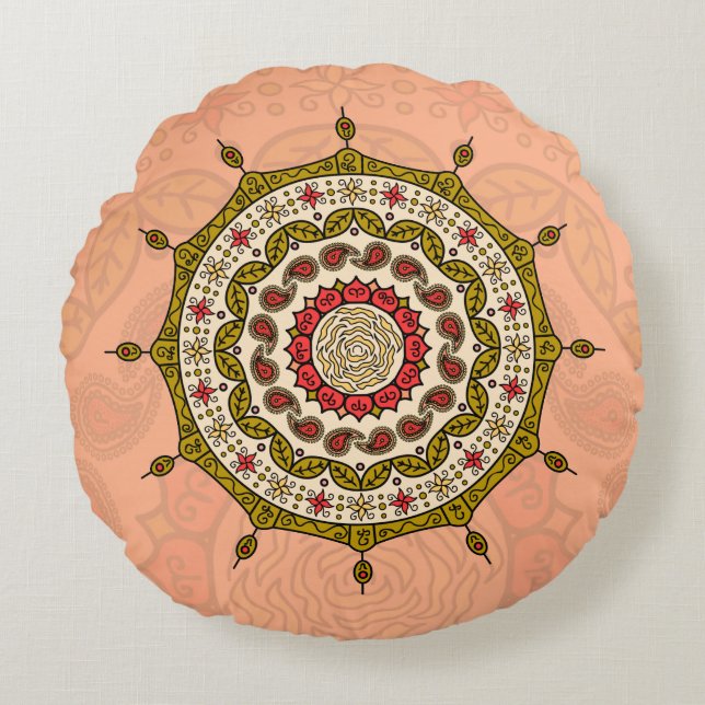 Mehndi Fantasy Gold Round Pillow Rond Kussen (Voorkant)