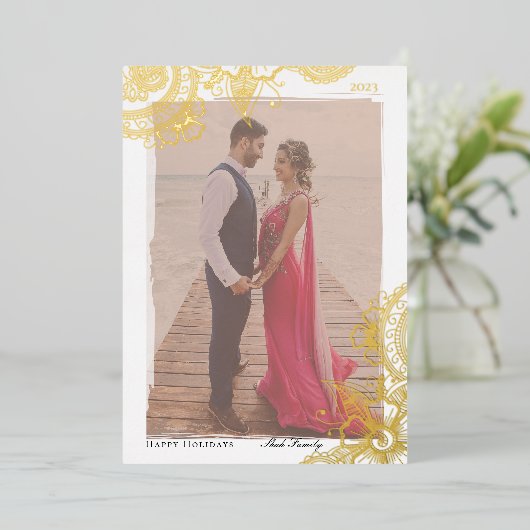 Mehndi-foto vakantiekaart met goud folie folie feestdagenkaart (Staand Voorkant)