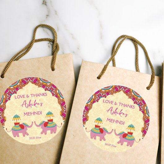 Mehndi gunst cadeau schattige olifanten roze manda ronde sticker