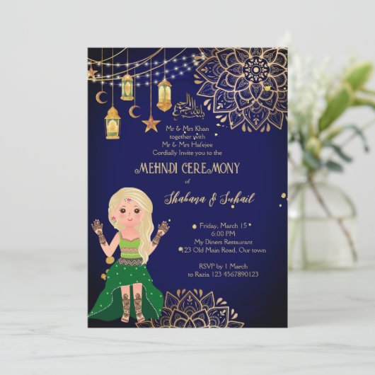 Mehndi Henna Islamitische bruiloft uitnodiging (Staand voorkant)