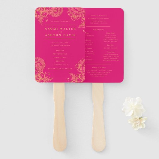 Mehndi Henna Wedding Programme Hand Fan Handwaaier (Voorkant en achterkant)